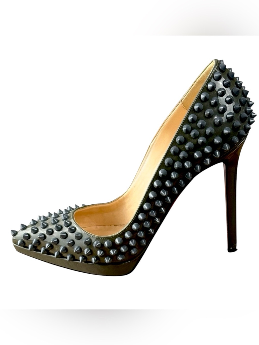 Christian Louboutin Pigalle Plato Spikes Grey Patent Studded Red Sole Heels